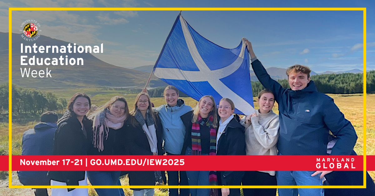 Study abroad students holding a flag of Scotland