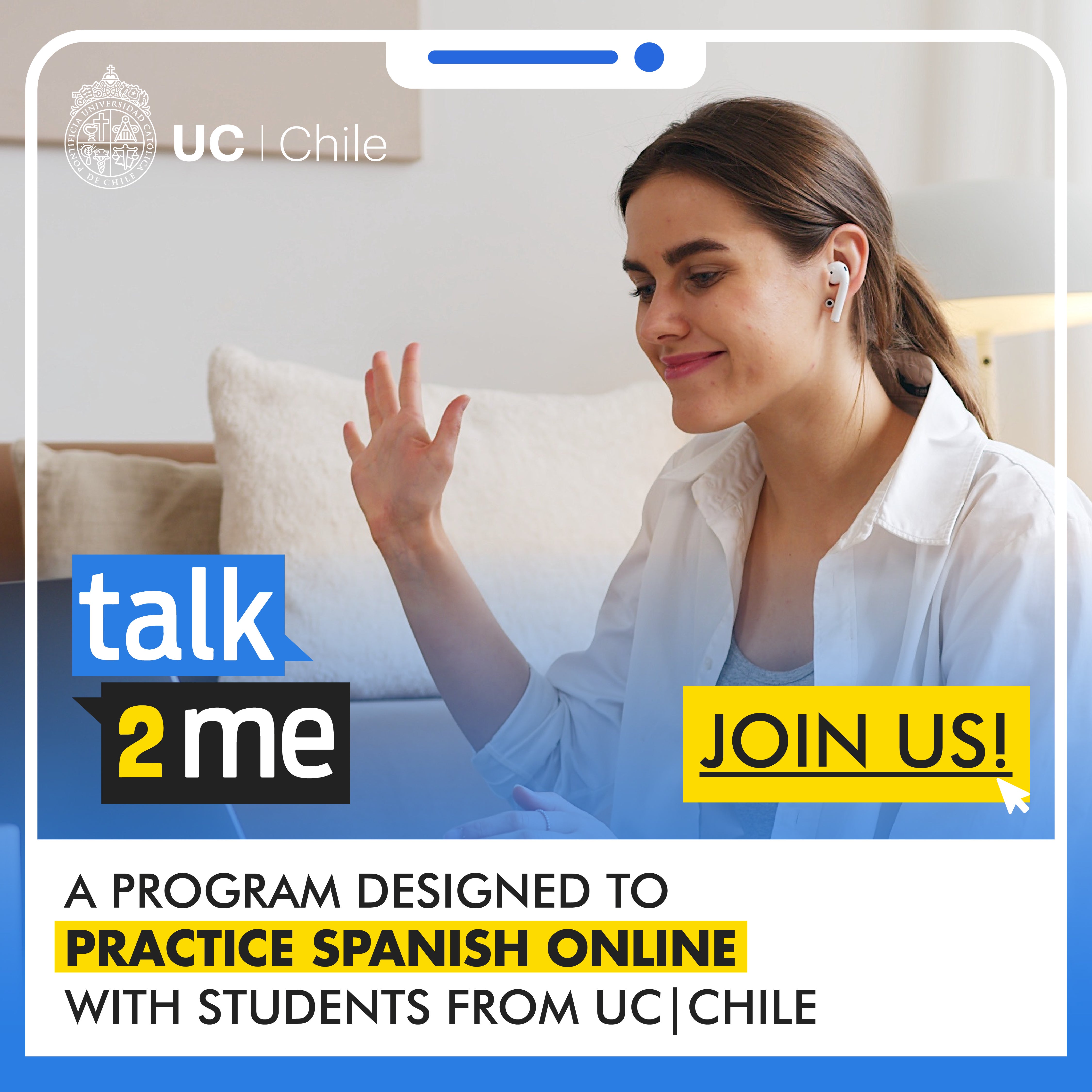 A student practicing Spanish with another student online, and the text "Talk2me" and "Join us!"