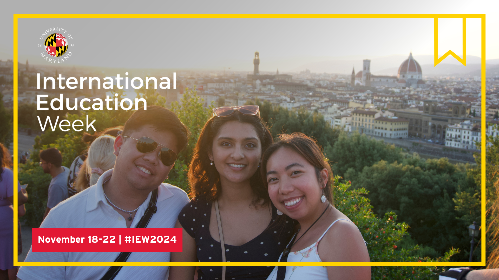 Three students standing in front of a skyline view of Florence, Italy