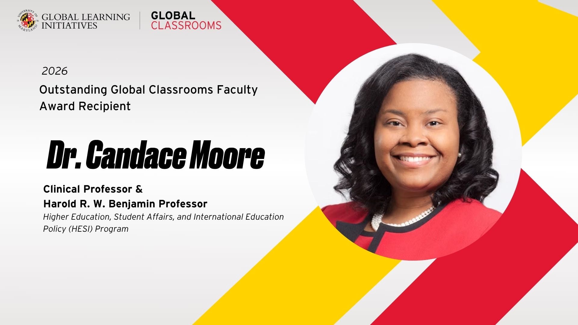Graphic for 2026 Outstanding Global Classrooms Faculty Award featuring Dr. Candace Moore, Clinical Professor & Harold R. W. Benjamin Professor with her headshot