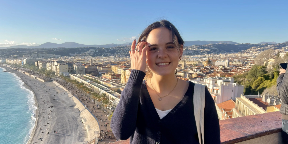 Eleanor Kaminski poses on a balcony in Nice.