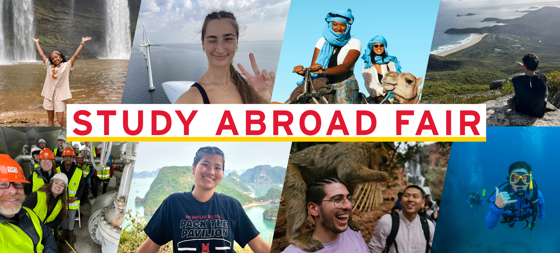 A collage of students studying abroad with "Study Abroad Fair" in red text