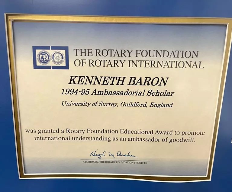 Dr. Ken Baron's Rotary Certificate