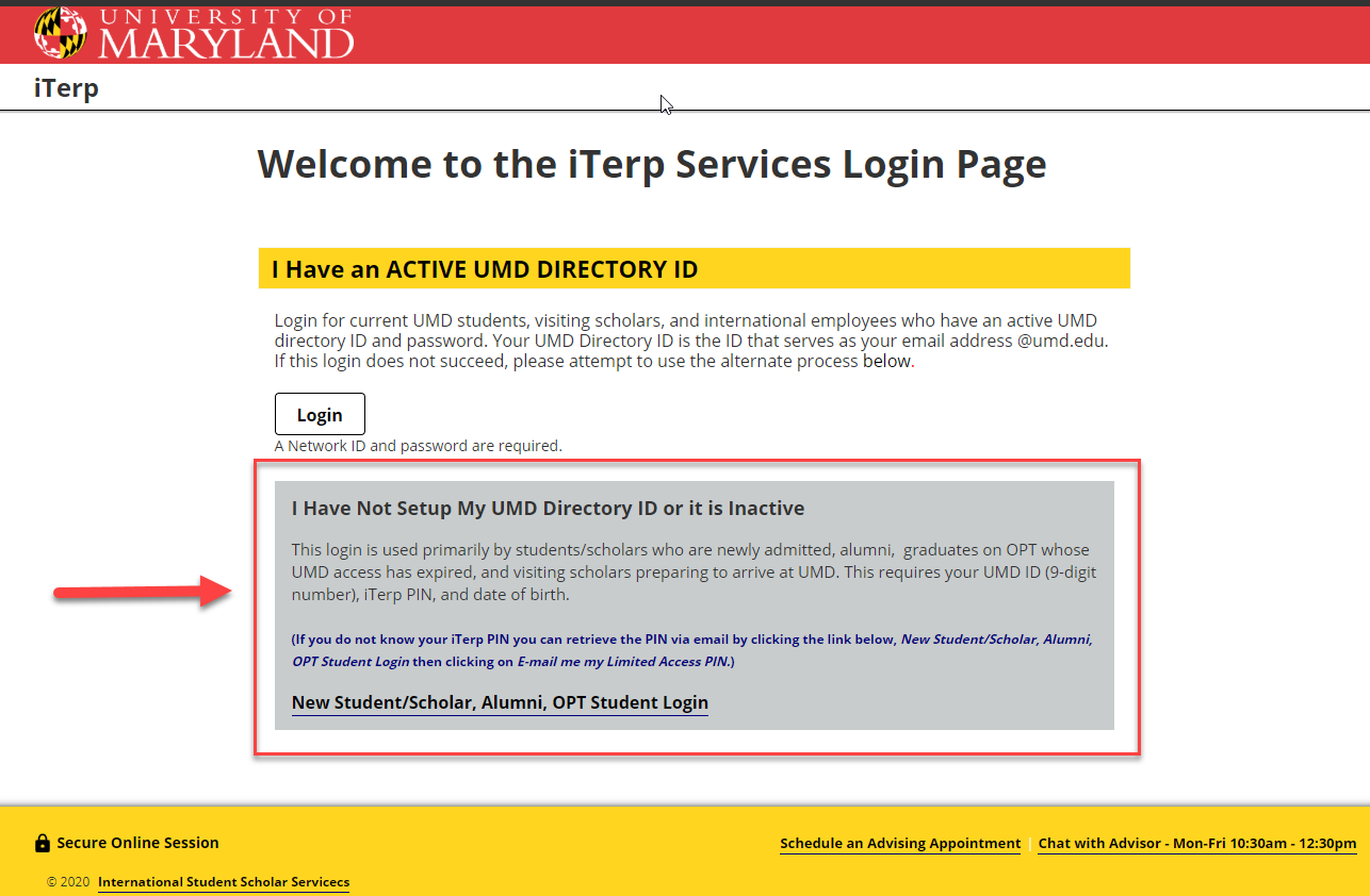 The main login page for iTerp