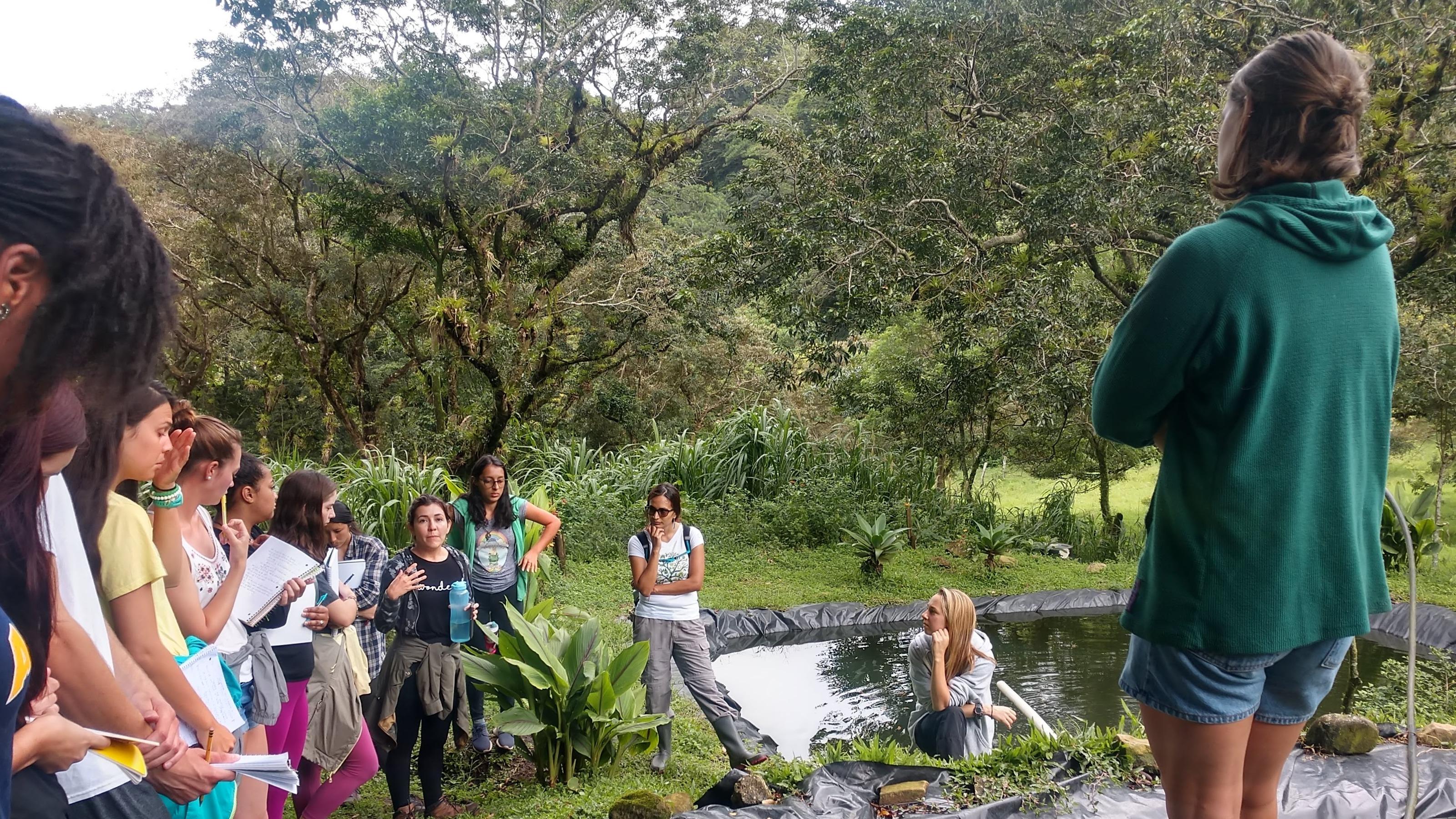 Students gather together around a pond.