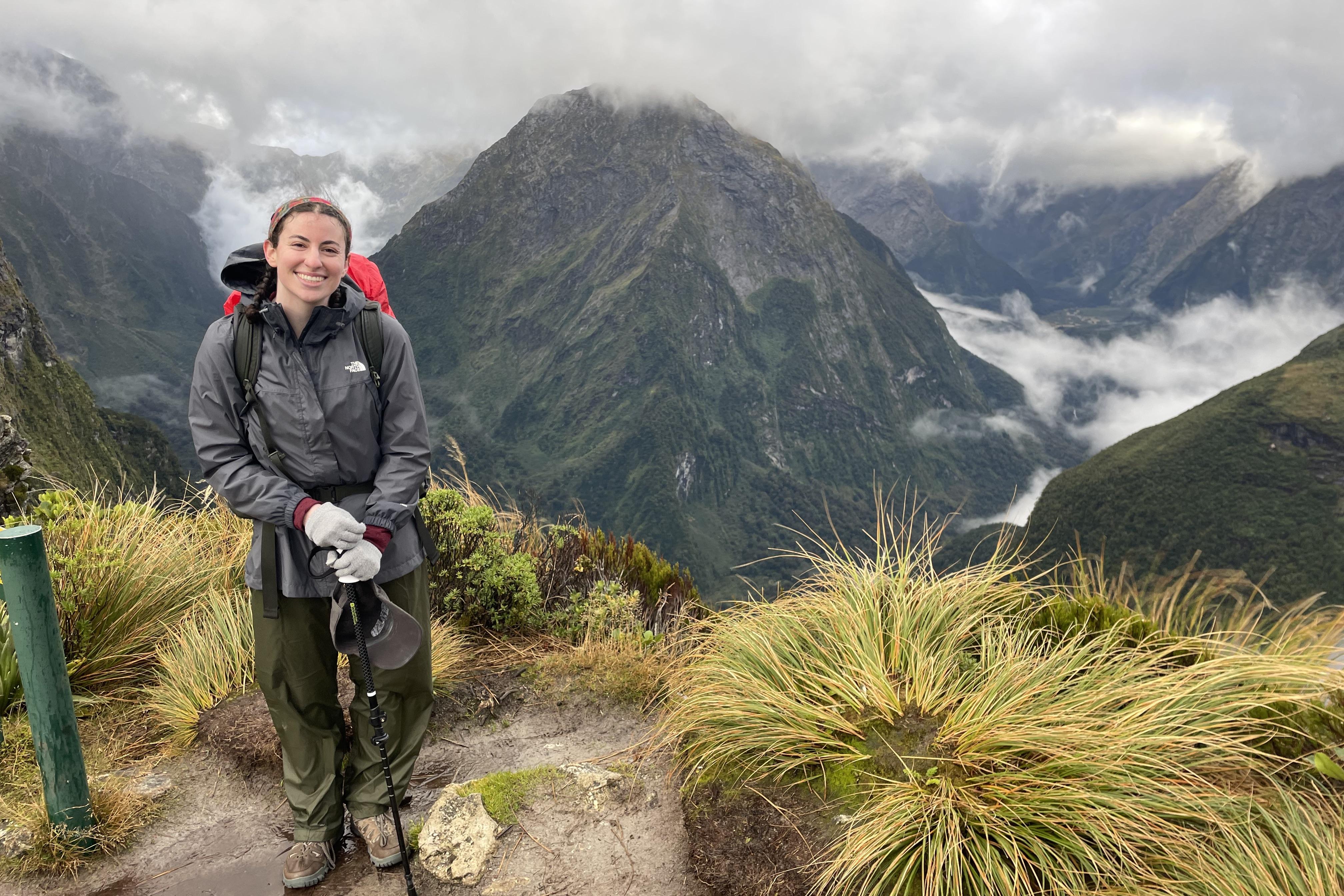 Student hikes on the Milford Track in New Zealand.