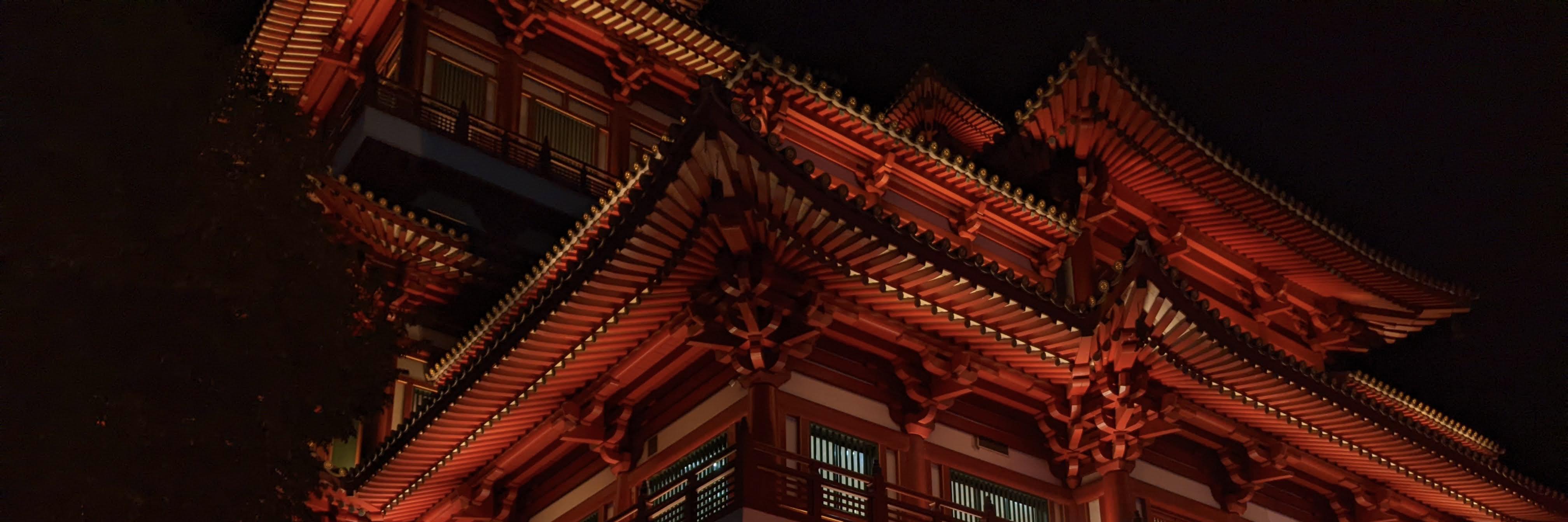Buddha Tooth Relic Temple in Chinatown, Singapore at night.