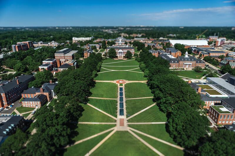 Aerial view of the Mall looking towards McKeldin Library, with a tilt-shift filter.