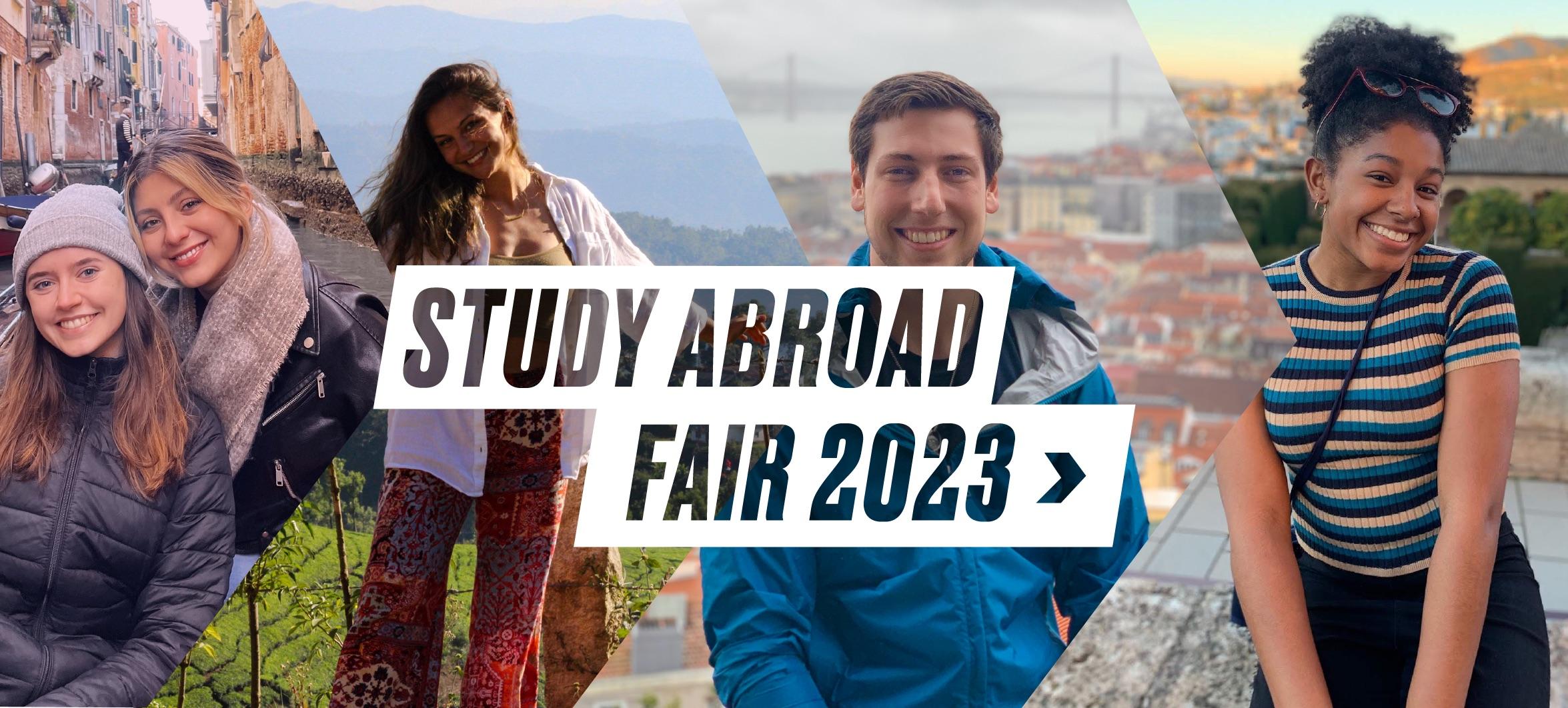 Four different photos of students around the world. The first shows two students on a canal in Venice, the second shows a student in India, the third shows a student in Copenhagen and the fourth shows a student in Madrid.