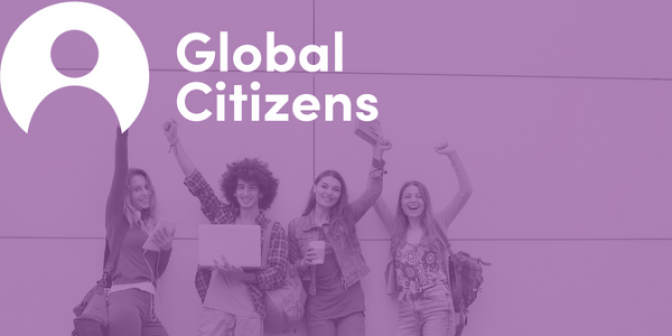 A group of four students in an outside space with a purple overlay and the text "Global Citizens"
