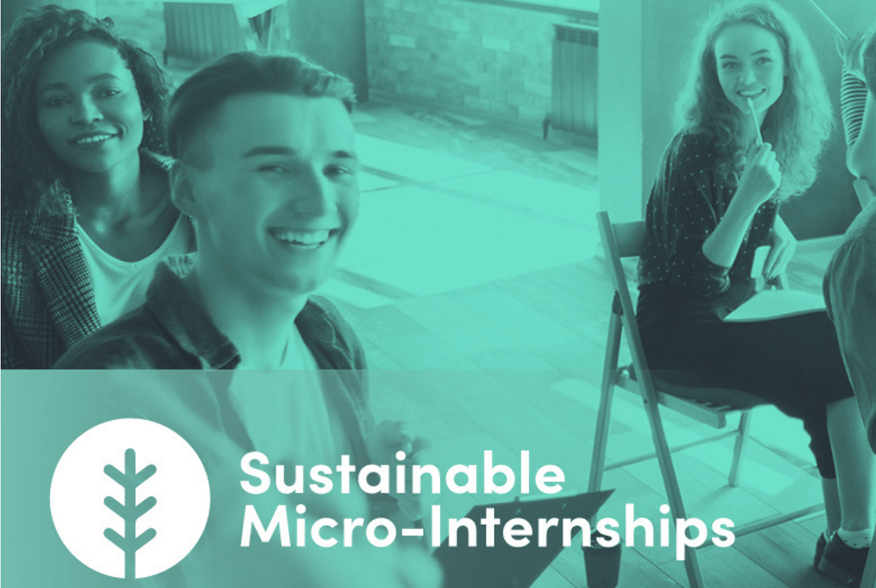 Students in a classroom with green overlay and the text "Sustainable Micro-Internships"