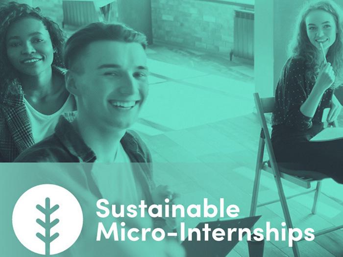 Students in a classroom with green overlay and the text "Sustainable Micro-Internships"