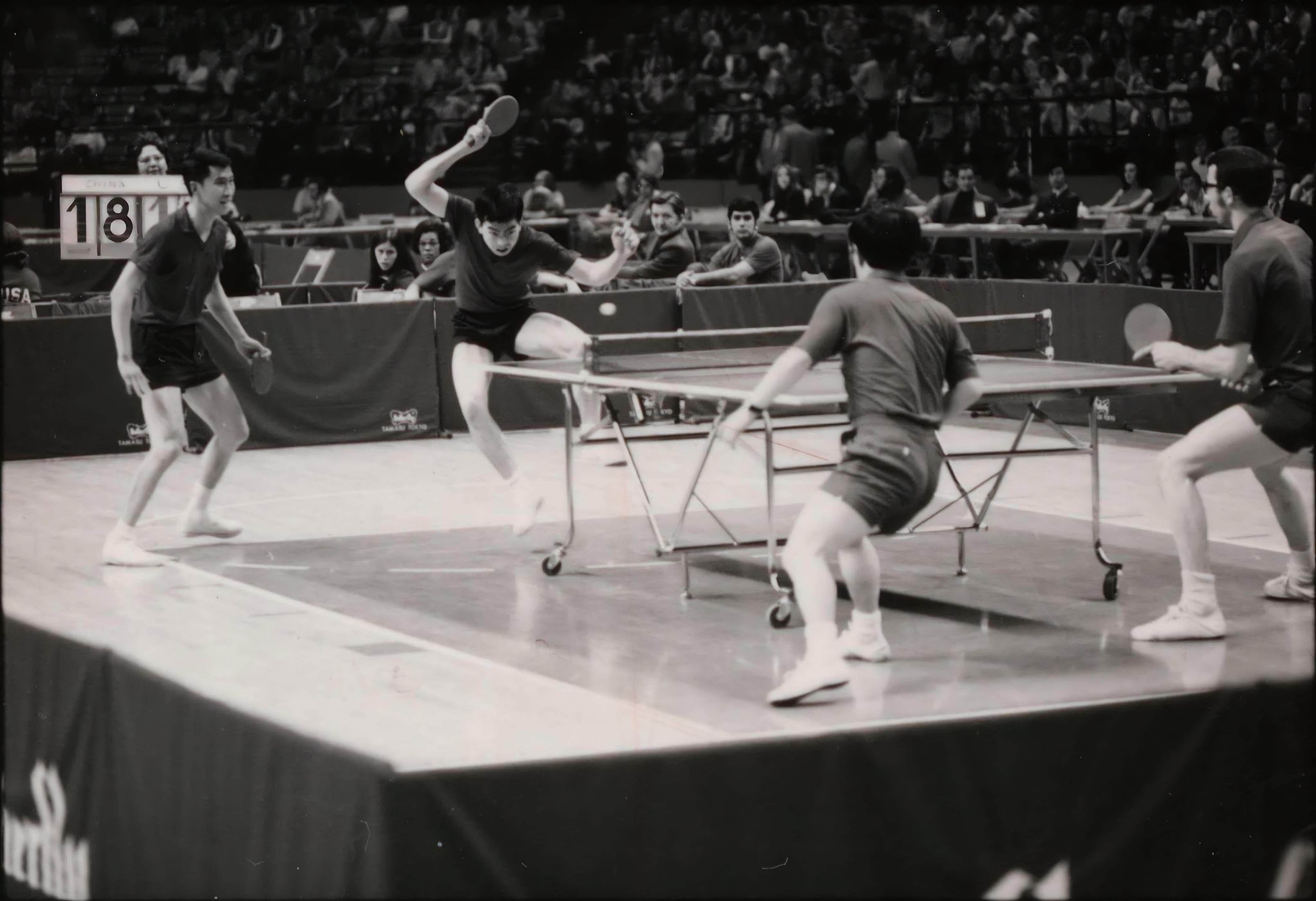Students volley at the Chinese Ping-Pong diplomacy match, circa 1972.