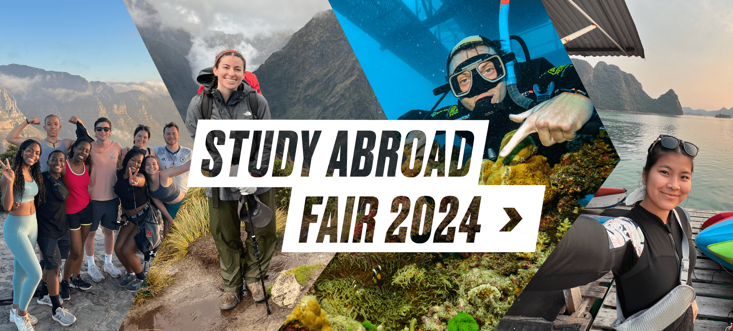 Four photos of study abroad students in different locations around the world under overlay text that reads: Study Abroad Fair 2024