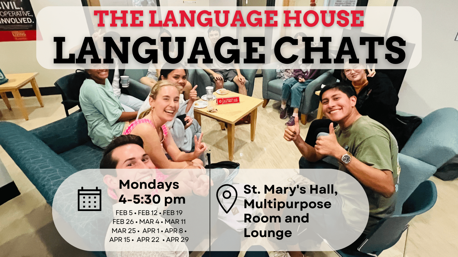Language House Language Chats, students sitting around a table talking