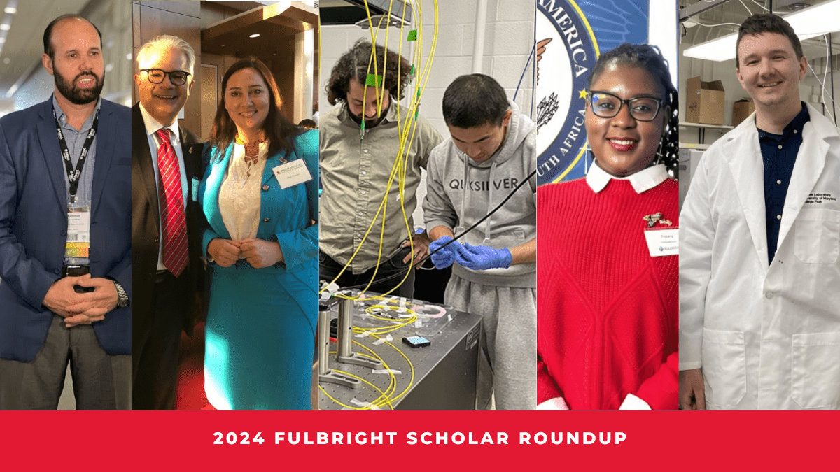 A photo collage of five UMD 2023-24 Fulbright scholars. 