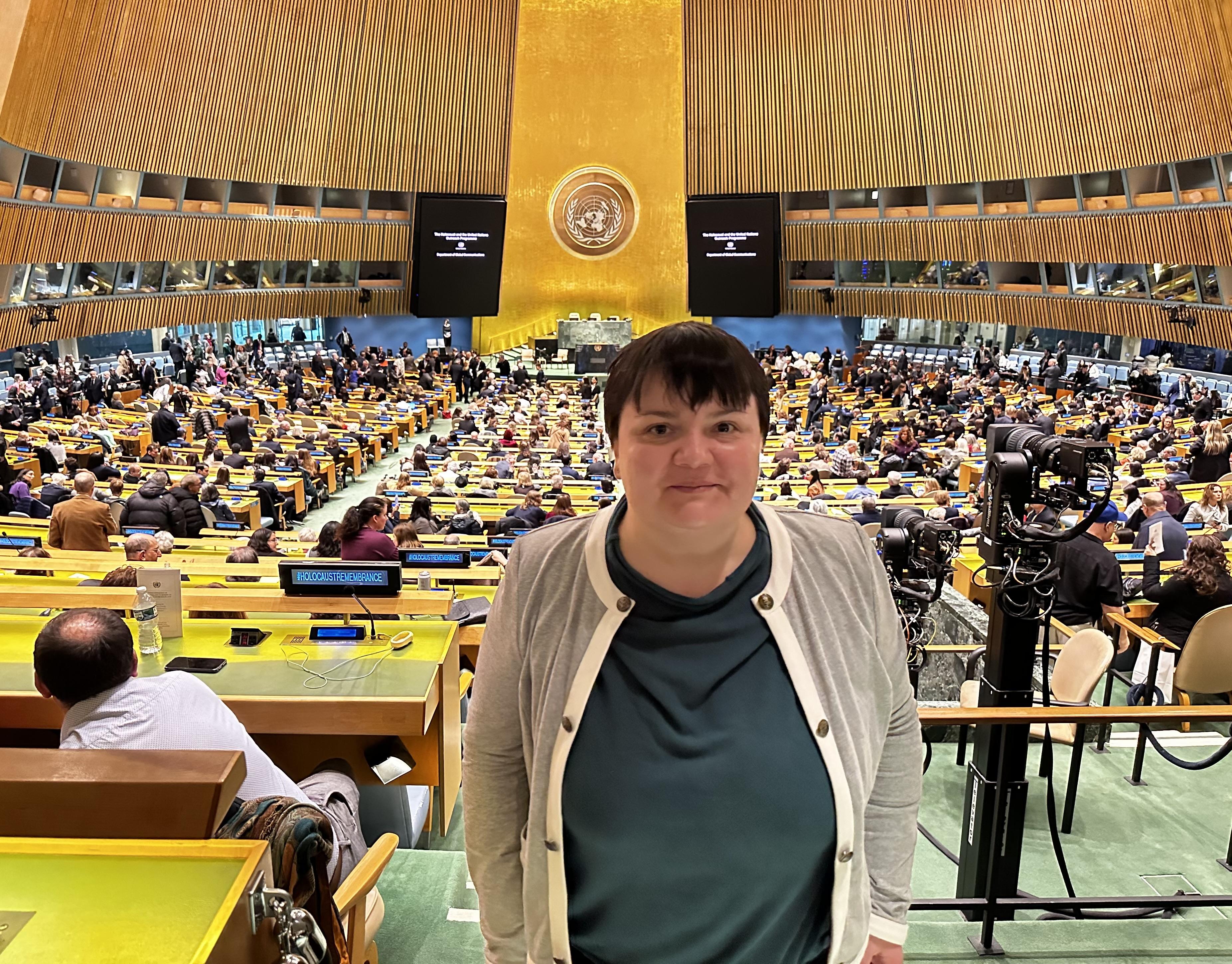 Tatiana Sirbu photographed in the United Nations Headquarters. 