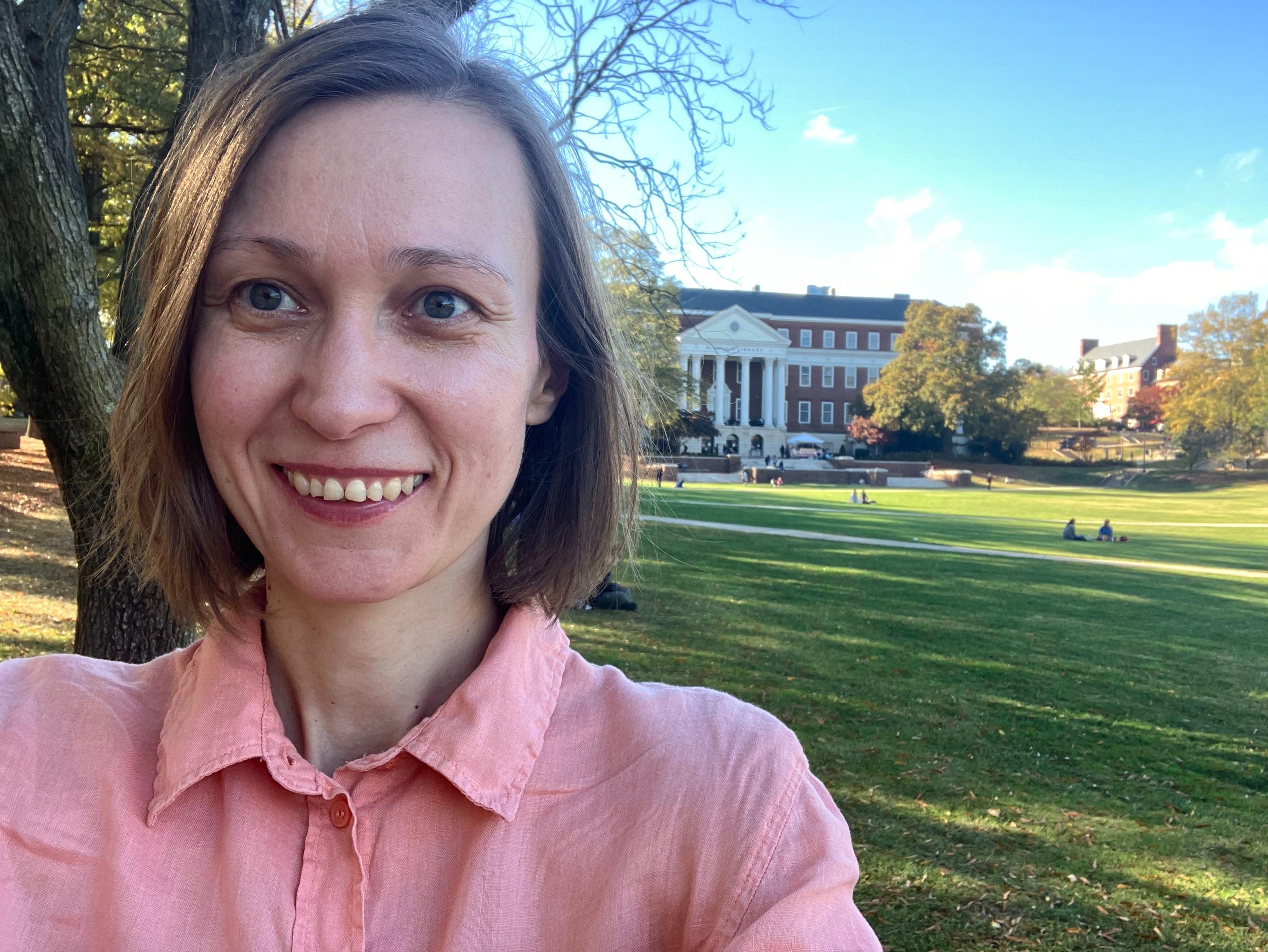 Sylwia Kuźma-Markowska poses outside of McKeldin Library.