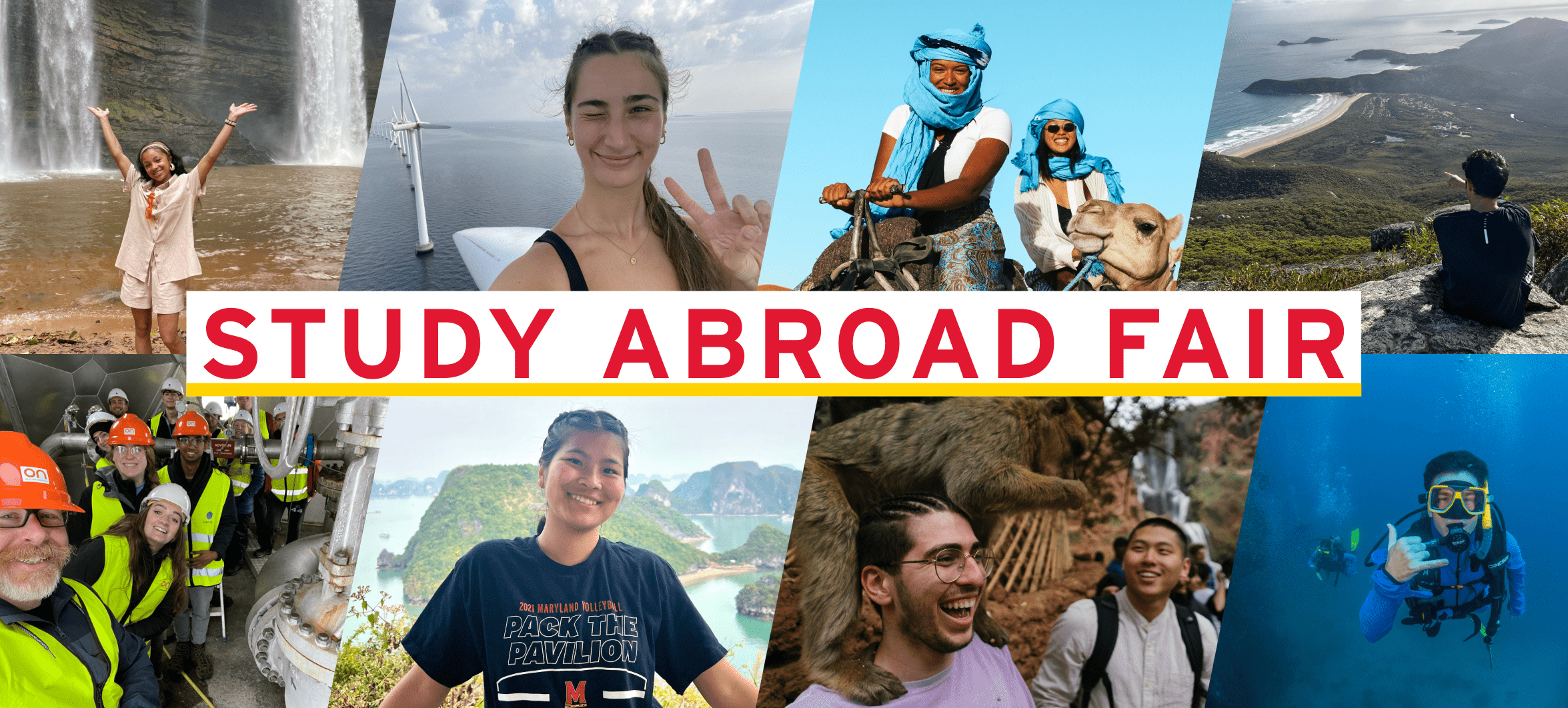 Collage of students studying abroad with "Study Abroad Fair" in red text