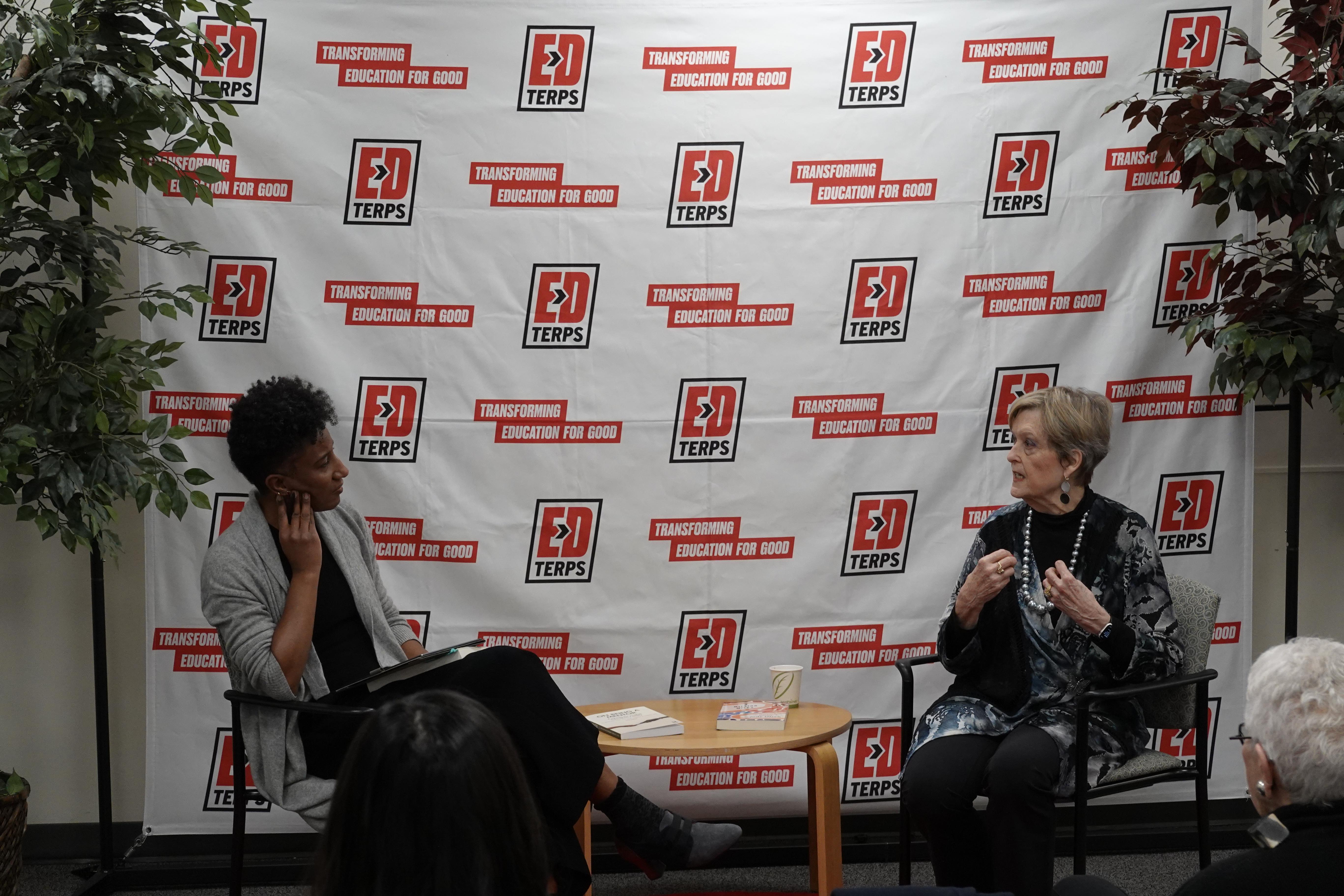 College of Education Dean Kimberly Griffin (left) hosts Jody Olsen Ph.D. '79 for a discussion Friday about her recent memoir, “A Million Miles: My Peace Corps Journey.” Photo by Tatiana Herrera