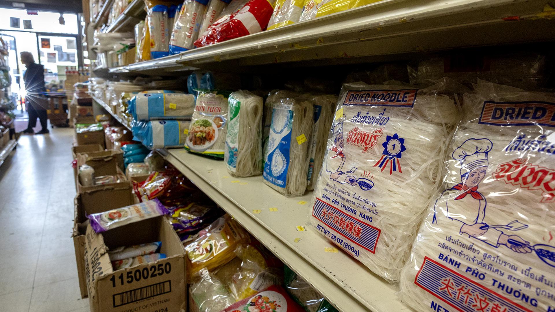 Noodles on an international grocery store shelf