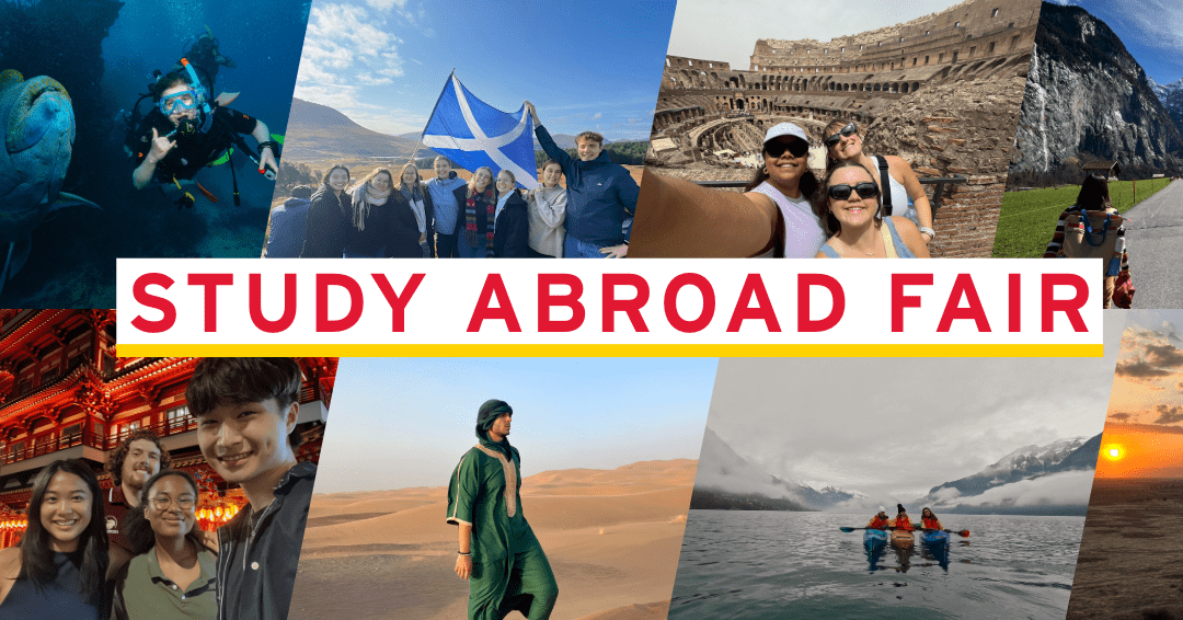 Collage of students around the world including scuba diving, hiking, taking a selfie in the Roman coliseum and kayakign in the frozen fjord.