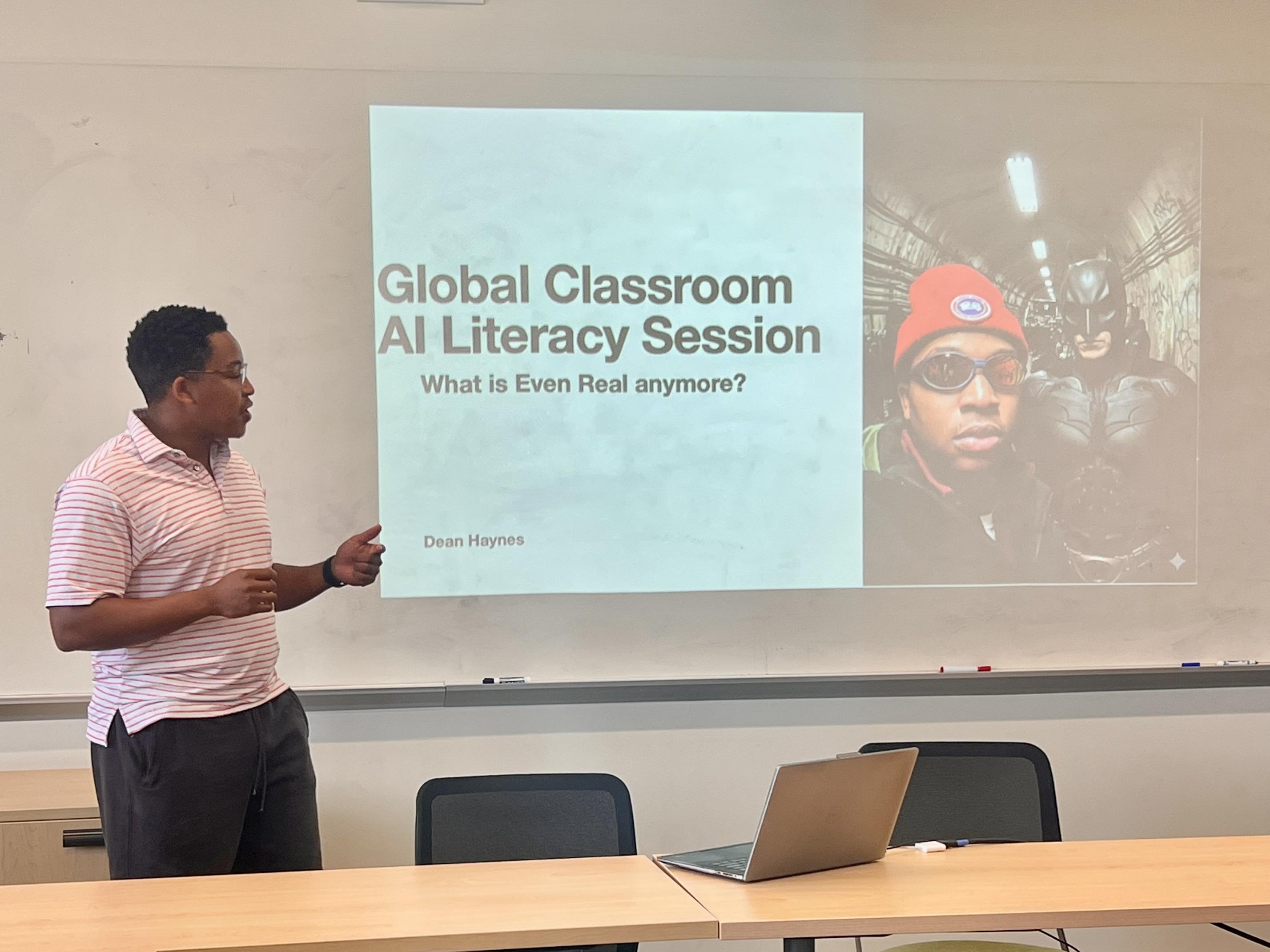 Student gives presentation in small classroom