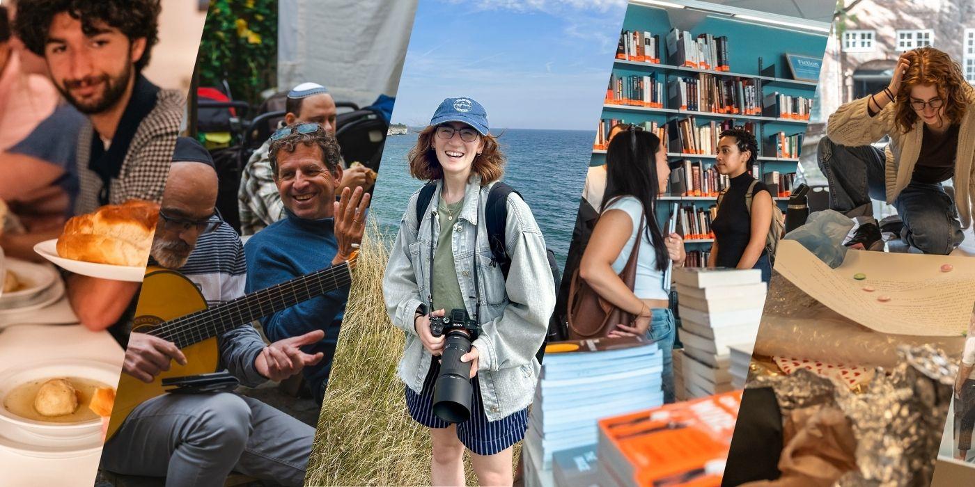 A collage of five photos showing moments from a study abroad experience: sharing a meal, musicians playing guitar, a student with a camera by the water, students talking in a bookstore, and a student working on a creative project.